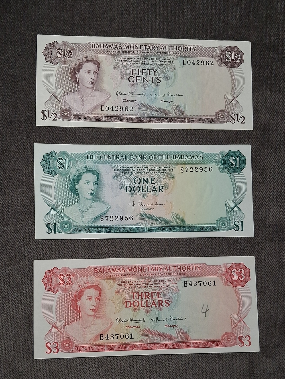 Lot $½ $1 $3 The Central Bank of the Bahamas + Bahamas Monetary Authority VG-